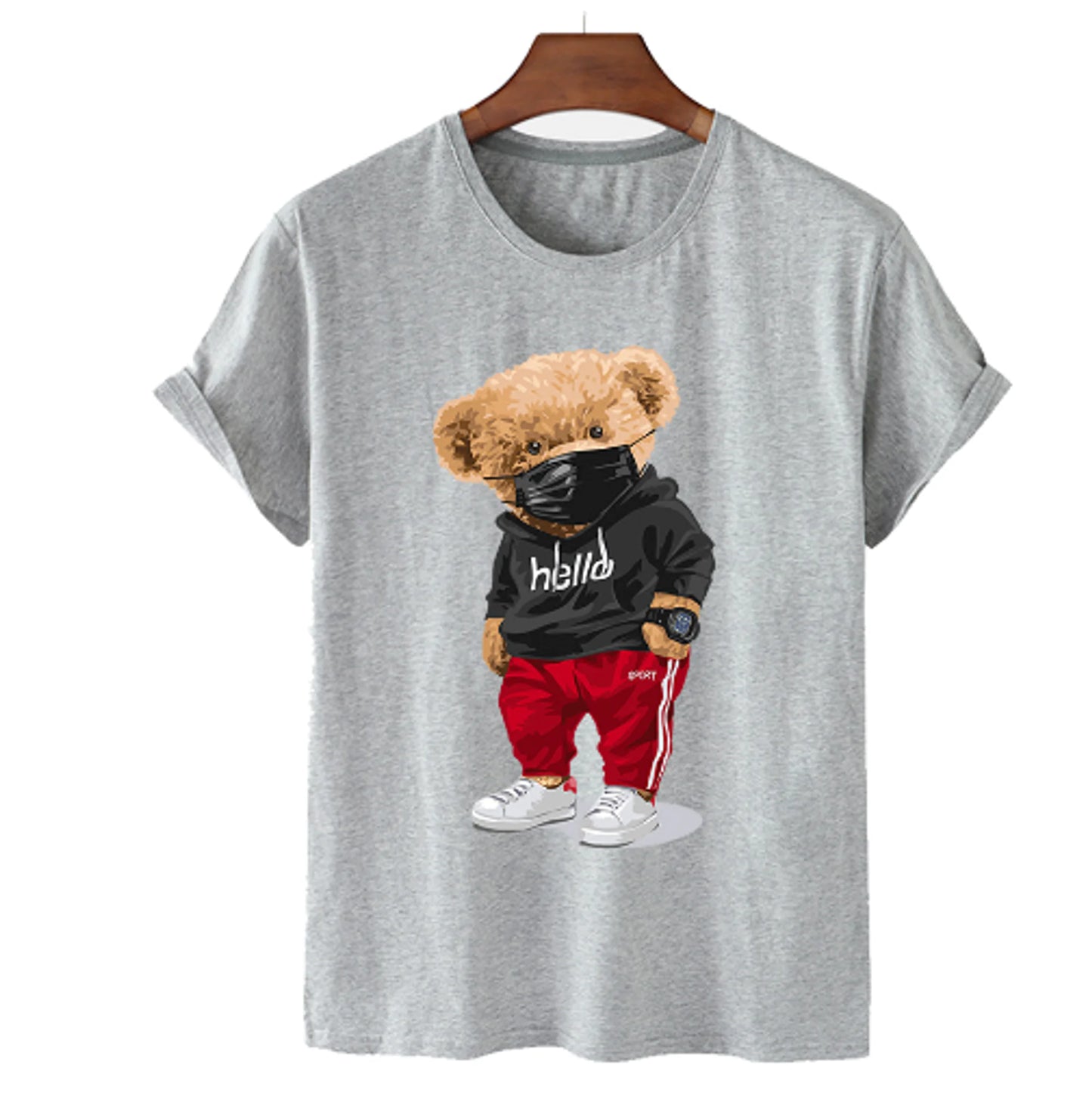 Bear Print Men's Cotton T Shirt-Leminaz
